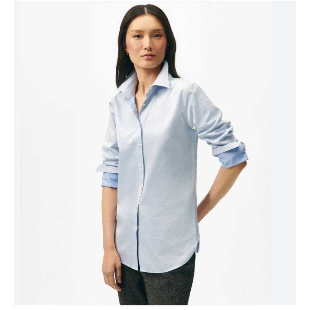 Brooks Brothers Women's Silk Button-Front Blouse Light Blue Classic Logo Size 14